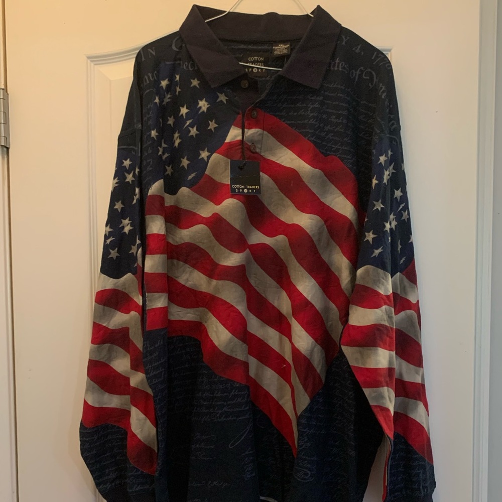 Men's XXL 2XL Stars Stripes Shirt Polo Long sleeve by Cotton Traders Sport